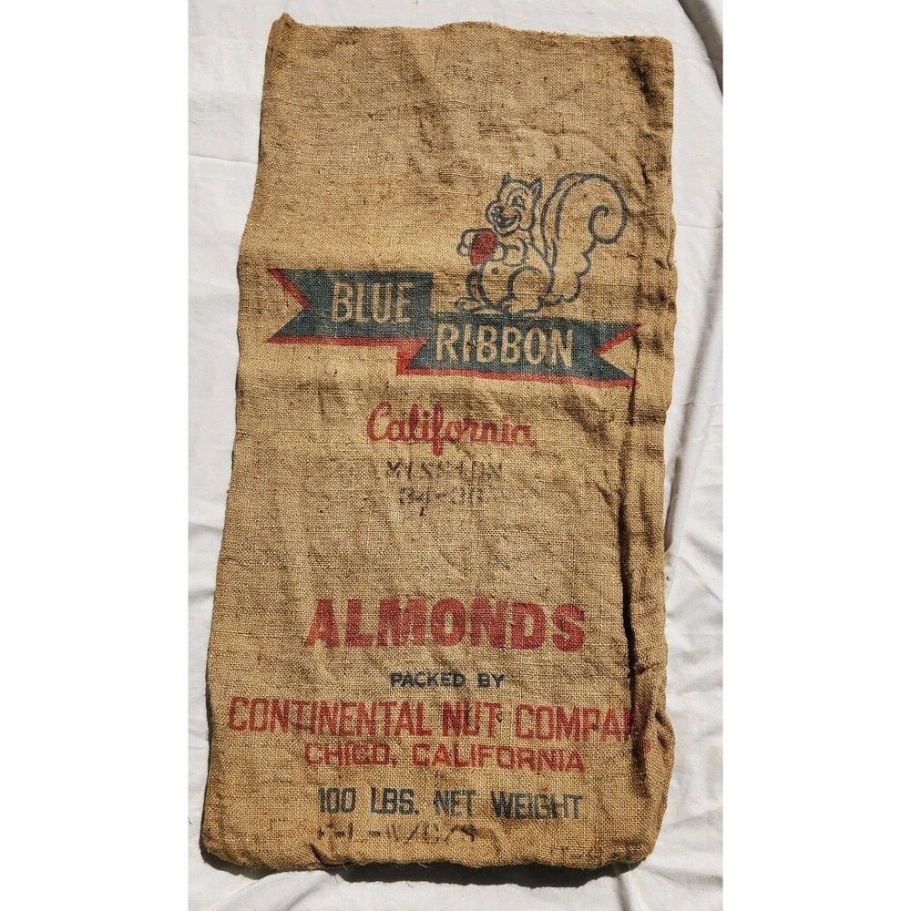 Blue Ribbon Almonds 100# Empty Burlap Sack Chico California